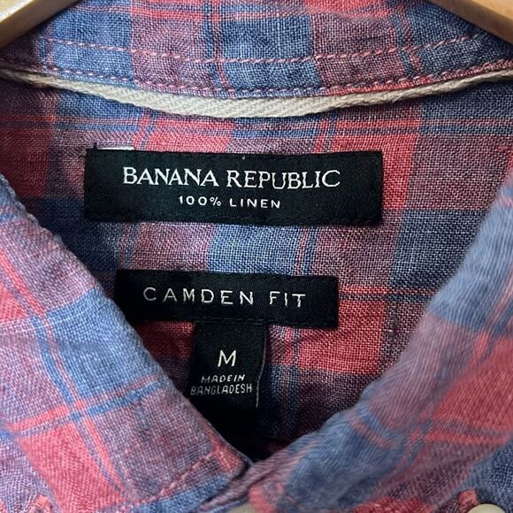 Banana Republic 100% Linen Men’s Long Sleeve Camden Fit Check Button Up Medium - Picture 3 of 8